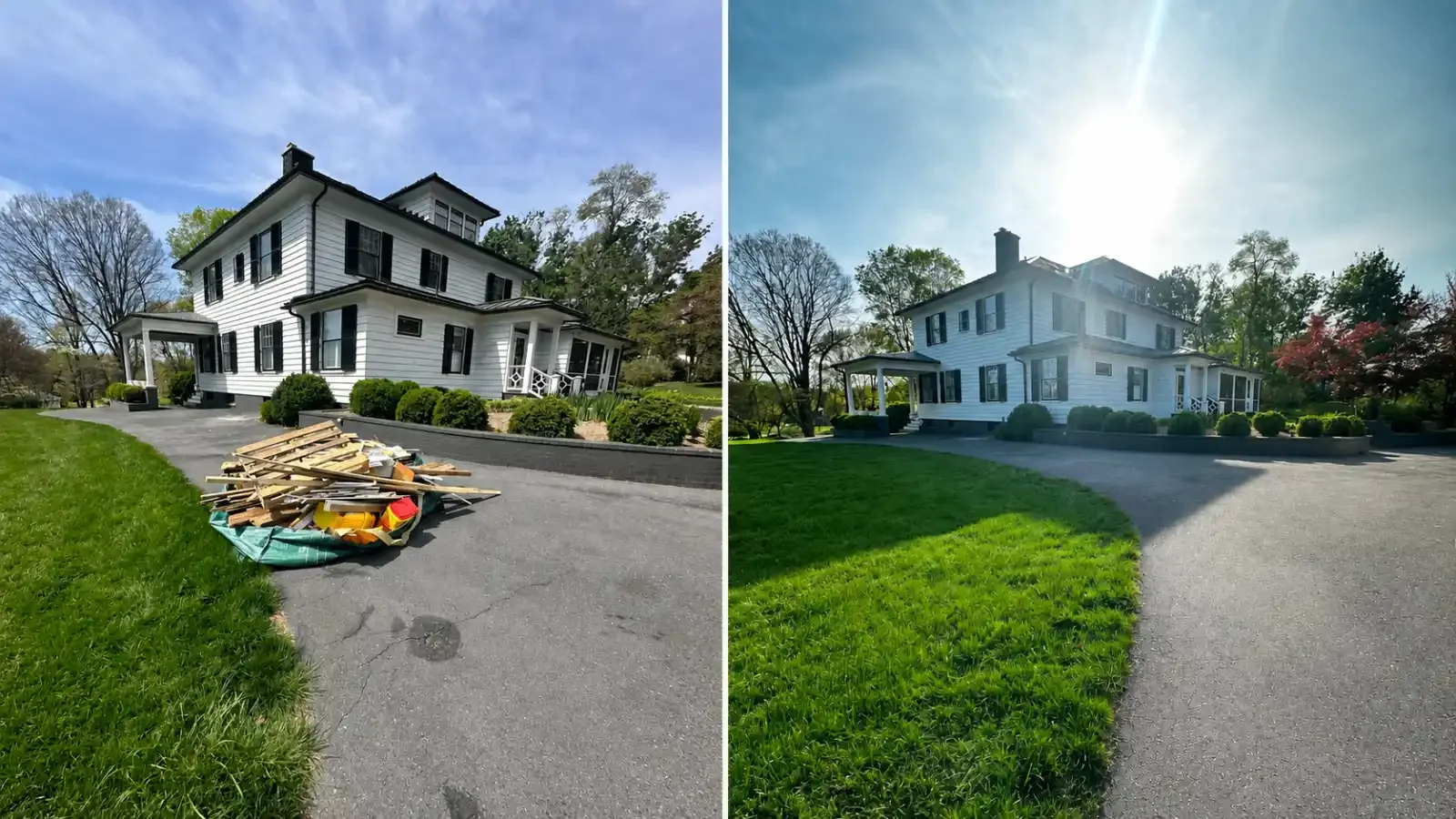 Before and after construction debris removal showing lumber and renovation waste cleared from a residential driveway