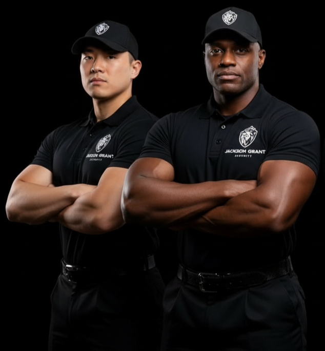 Two men in black polo shirts and baseball caps standing with arms crossed against a black background.