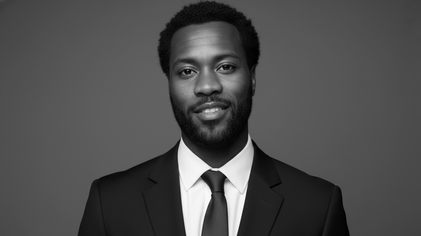 Black and white portrait of a man in a suit and tie, smiling softly, against a plain background.