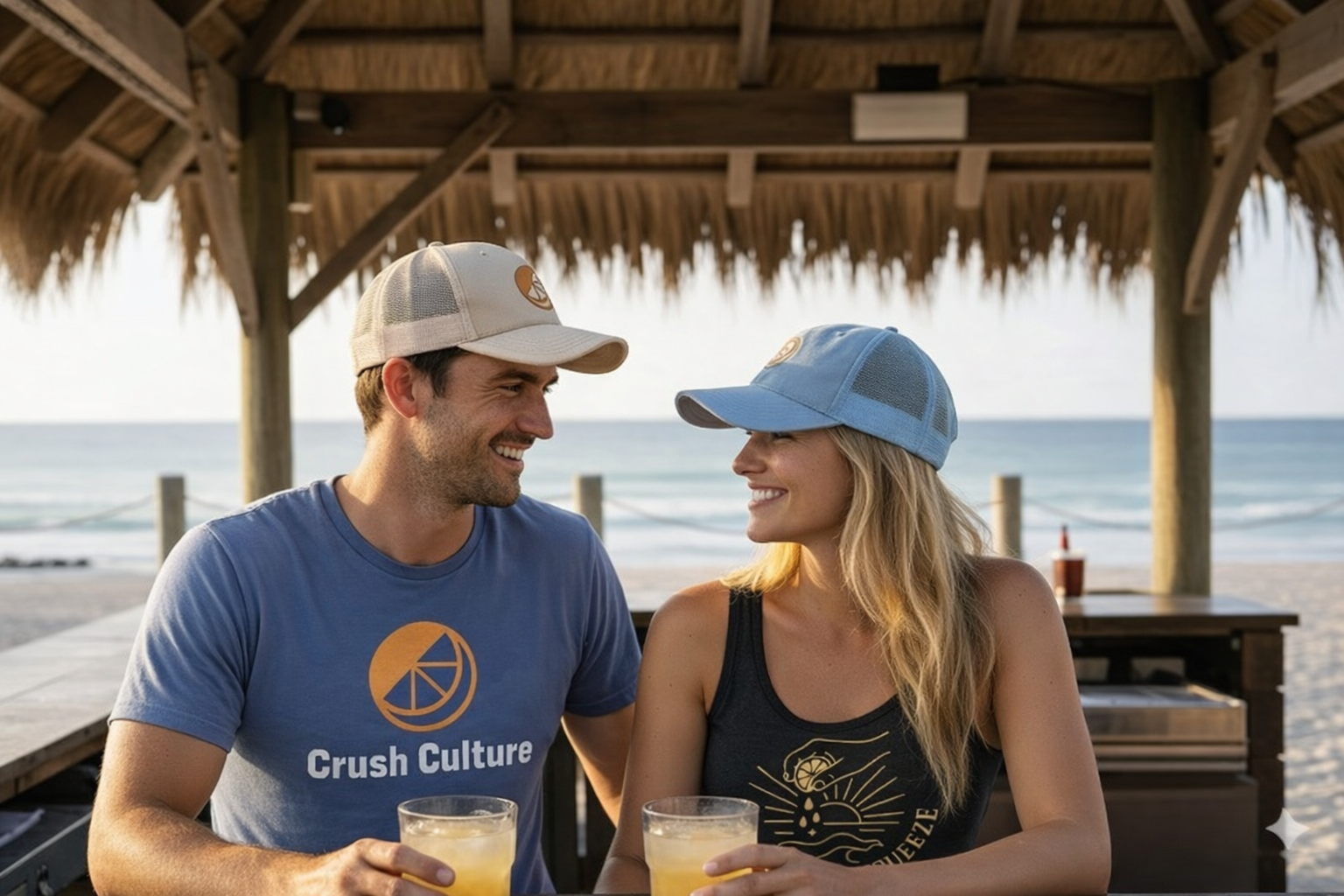 A man and woman smiling at each other while sitting under a beach hut, holding drinks, with the ocean in the background.