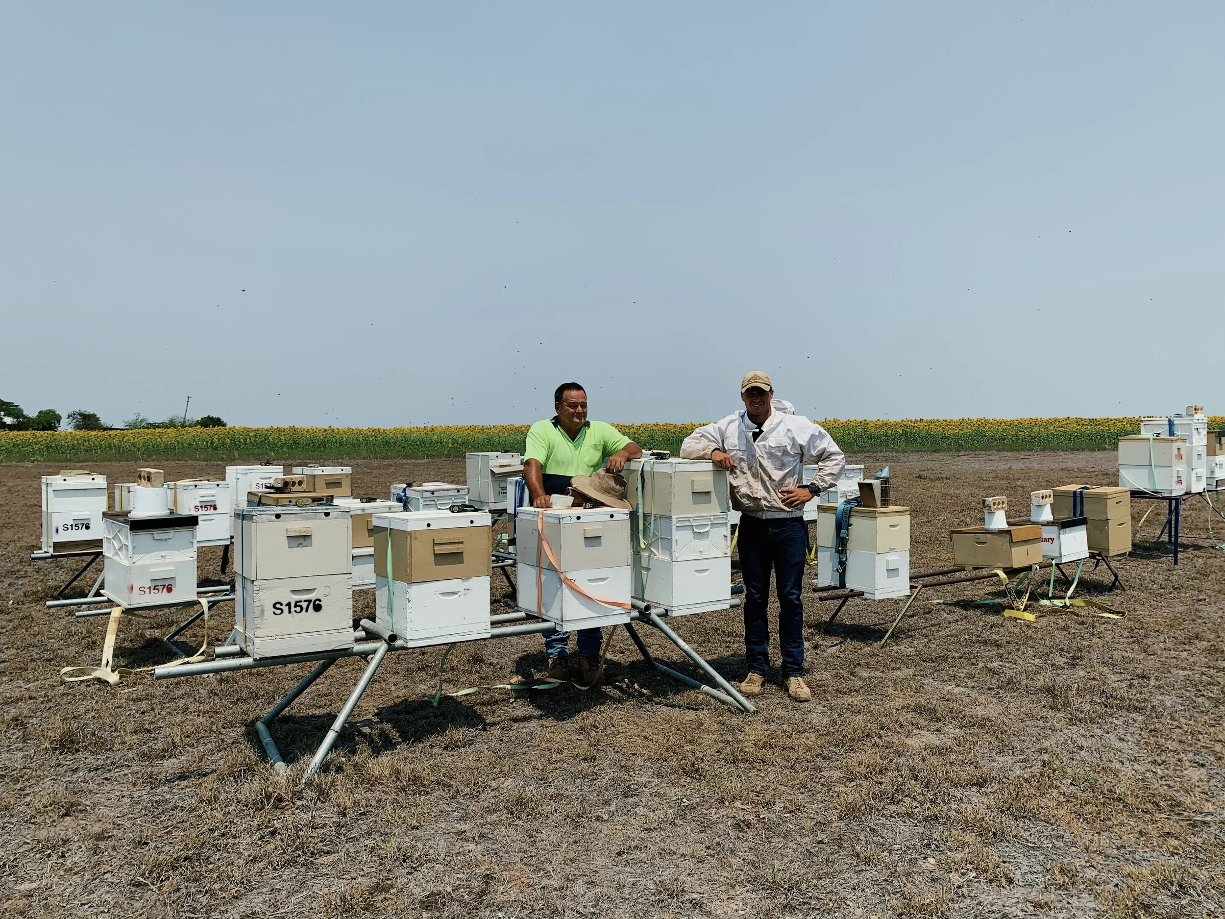 Two men standing outdoors next to a setup of multiple outdoor weather monitoring boxes on stands in a field with a clear sky and a distant row of yellow flowers.