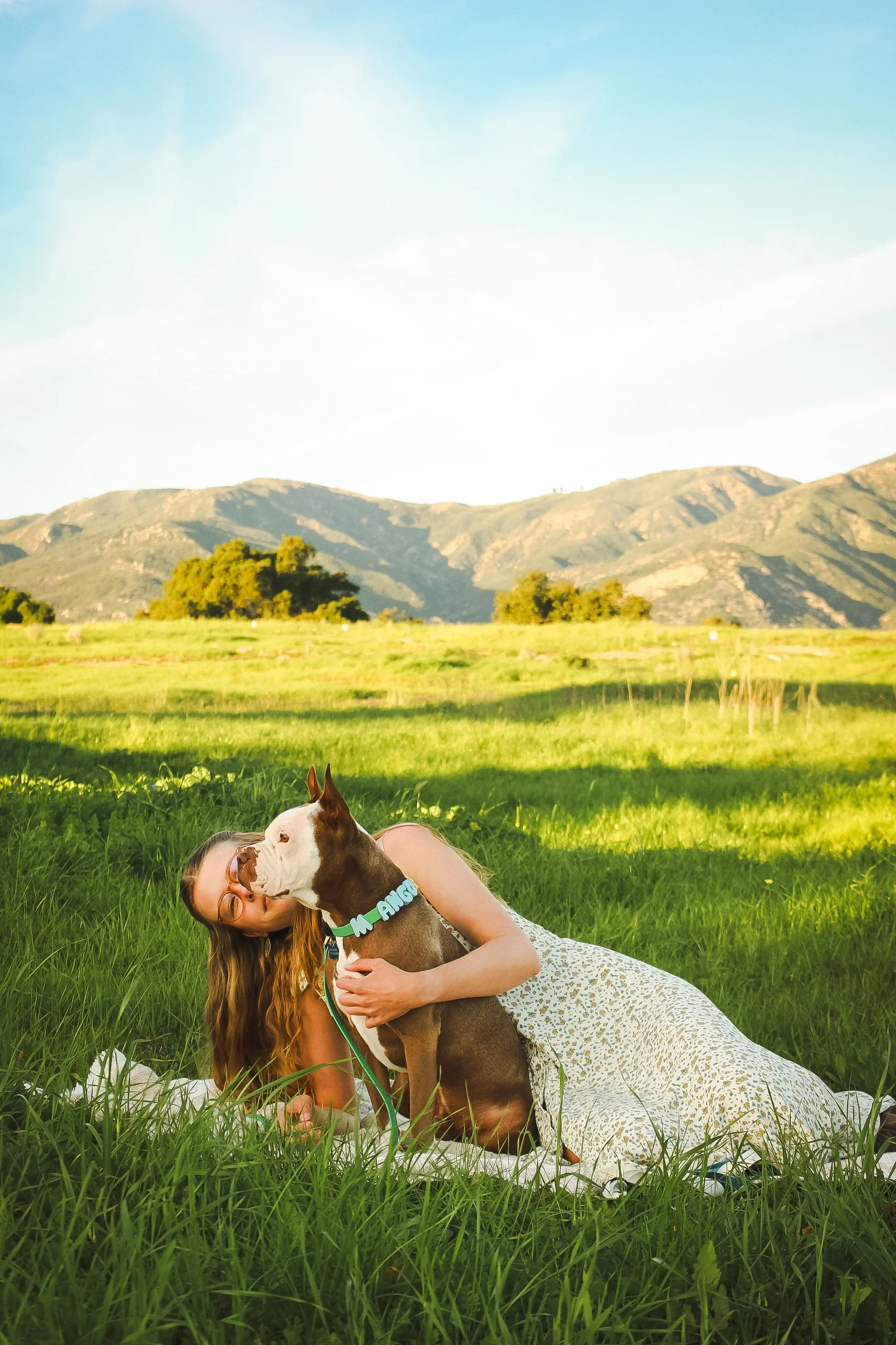 A girl lying on grass in a field, hugging a brown and white dog with a blue collar, mountain landscape in Southern California