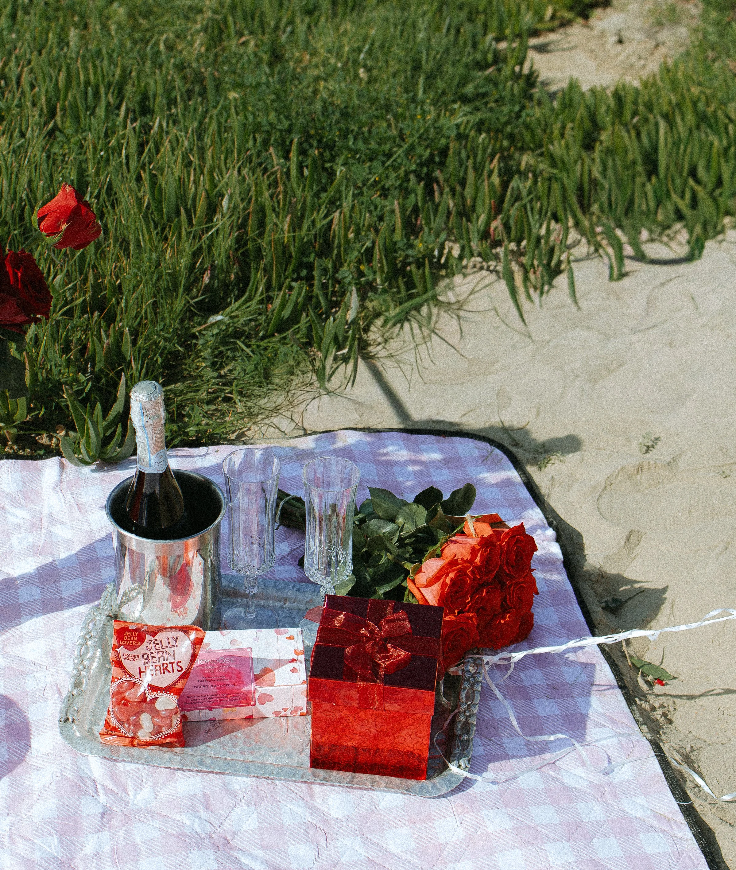 A picnic setup on a pink and white checkered blanket on the sand with a bouquet of red roses, a box of chocolates, a bottle of champagne in an ice bucket, two empty champagne flutes, and a bag of Jelly Bean Hearts, with green grass and red flowers in