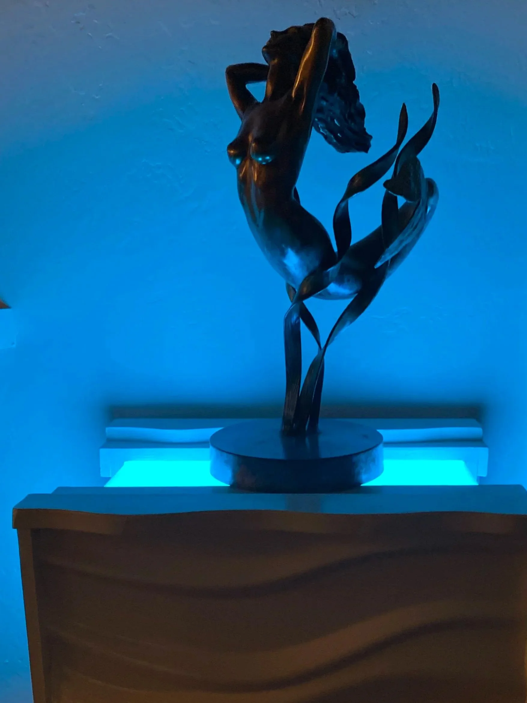 Built companion wave themed record cabinet with LED lights to highlight sculpture