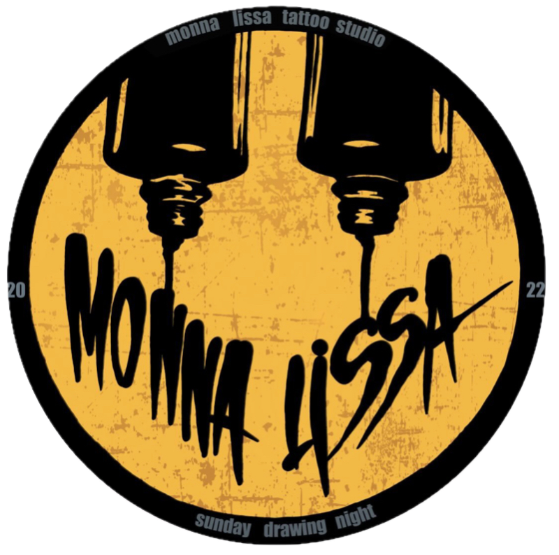 A circular logo with two tattoo machines at the top, dripping ink, and the words 'MONNA LISA' in large black handwritten font. The background is yellow with a textured look, and the outer ring has text that reads 'monna lissa tattoo studio' at the top and 'sunday drawing night' at the bottom.