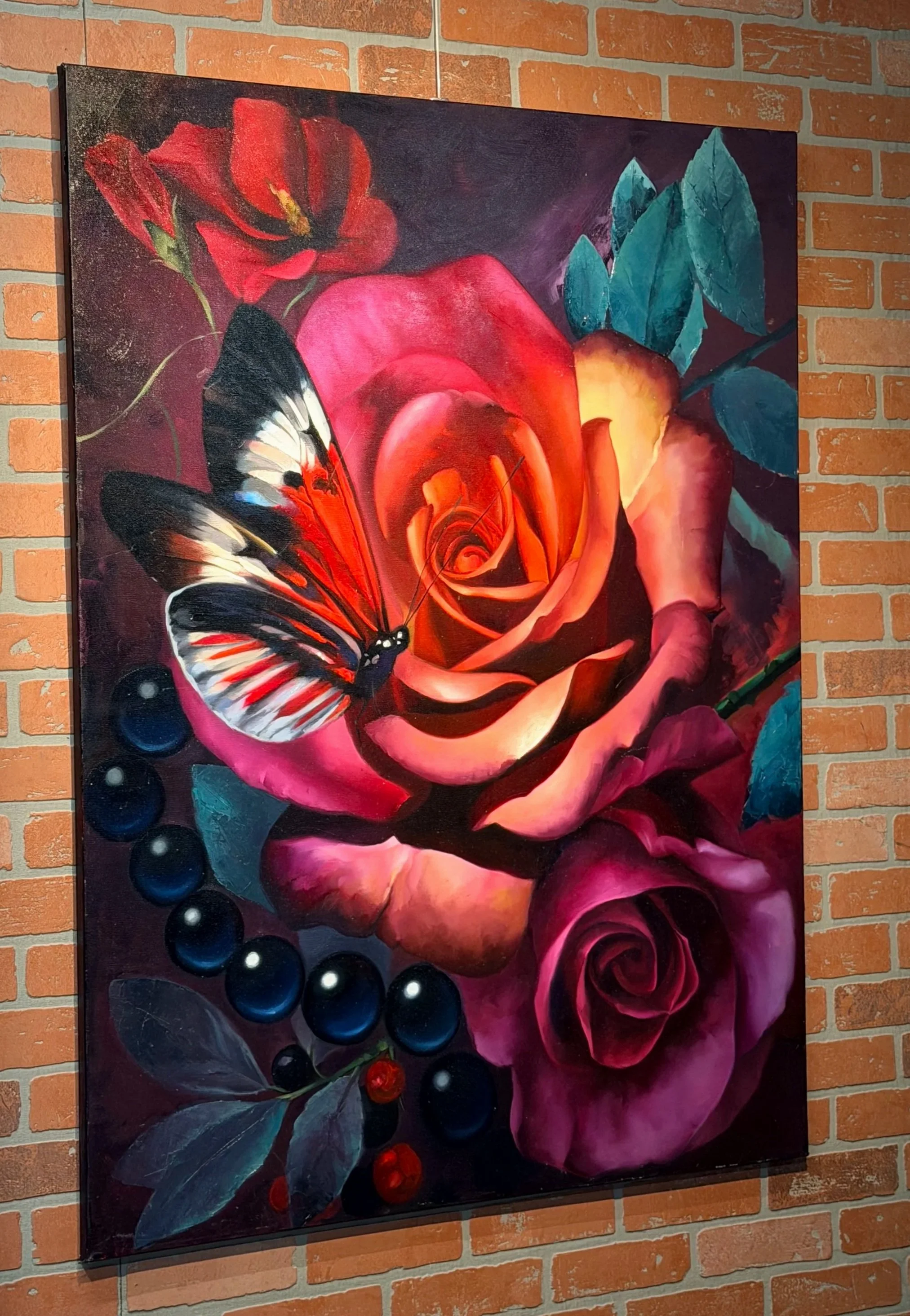 A painting of a butterfly on a large pink and orange rose with green leaves, set against a dark background.
