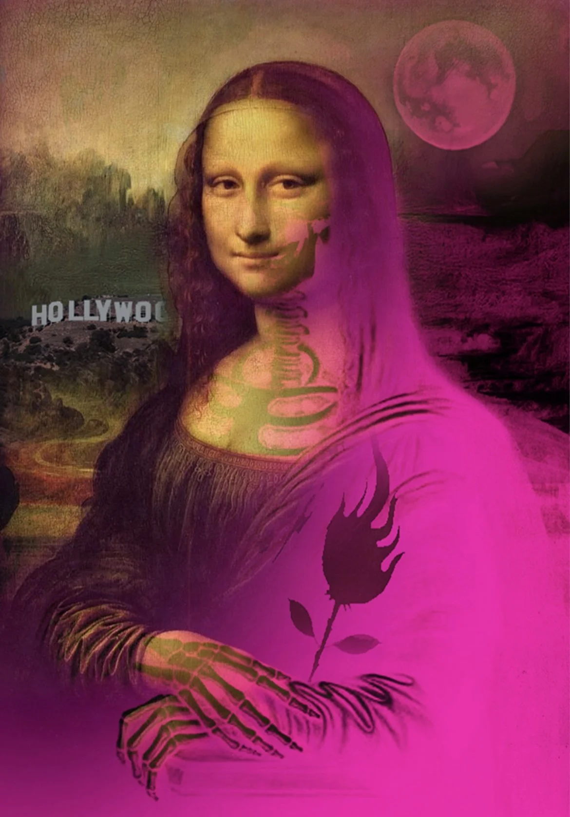 A digitally edited image of the Mona Lisa with the Hollywood sign in the background, a pink moon, a rose, and vibrant pink hues.