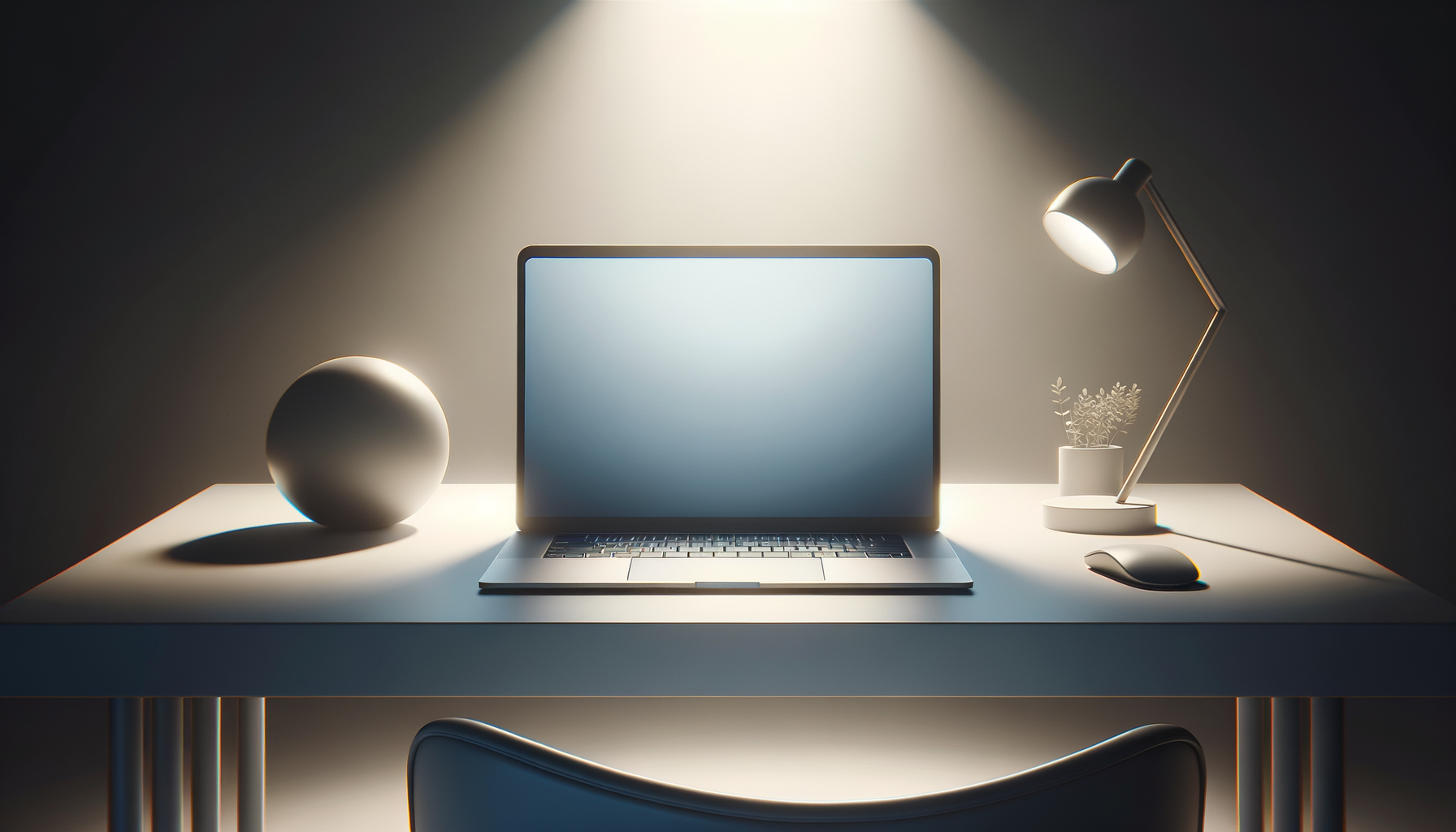 A modern minimalist workspace with a closed laptop in the center, a spherical object on the left, a desk lamp and a potted plant on the right, illuminated by a focused overhead light.