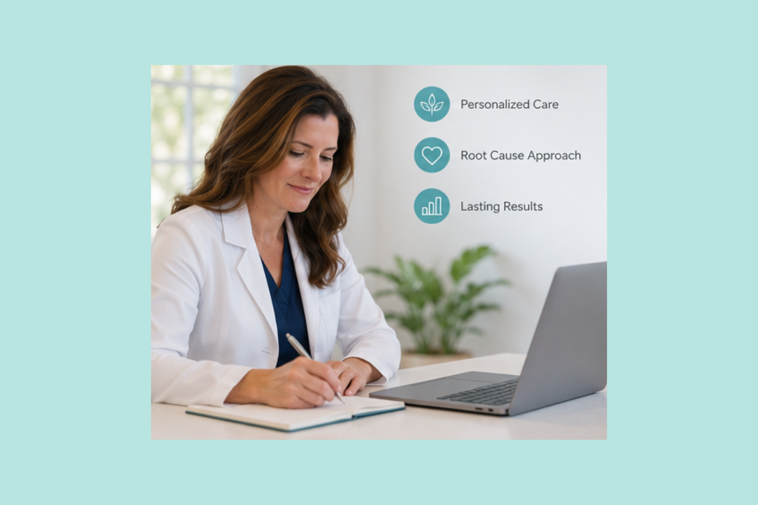 A female healthcare professional in a white coat sitting at a desk, writing in a notebook with a laptop open beside her. The background features a potted plant and a window. Overlaid on the image are icons and text reading: Personalized Care, Root Cause Approach, Lasting Results.