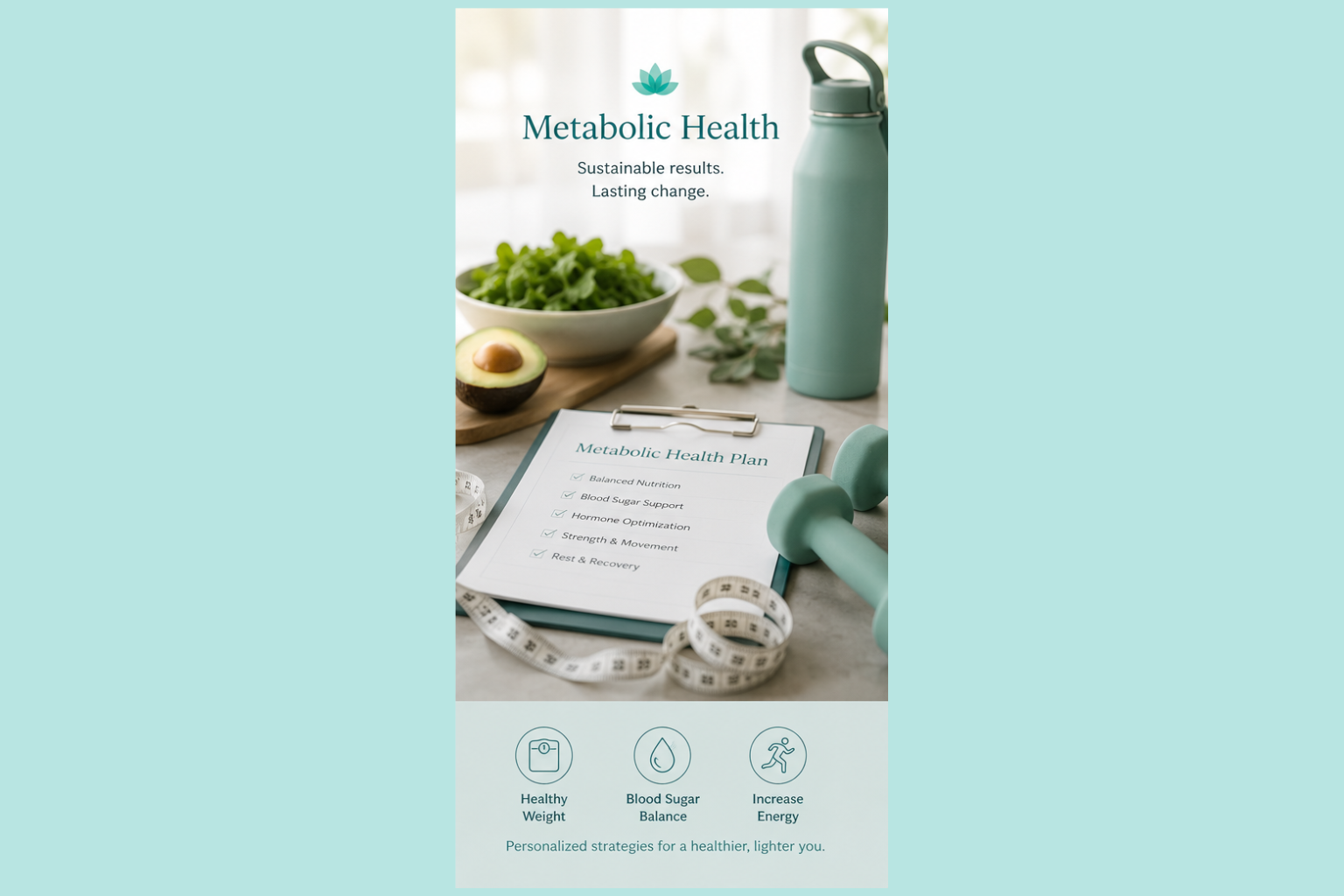 A health-oriented flat lay digital advertisement featuring a smoothie bottle, a bowl of salads, a sliced avocado, a tape measure, light green dumbbells, and a clipboard with a metallic clip labeled "Metabolic Health Plan." The background includes greenery and natural light, with icons representing healthy weight, blood sugar balance, and increased energy at the bottom.