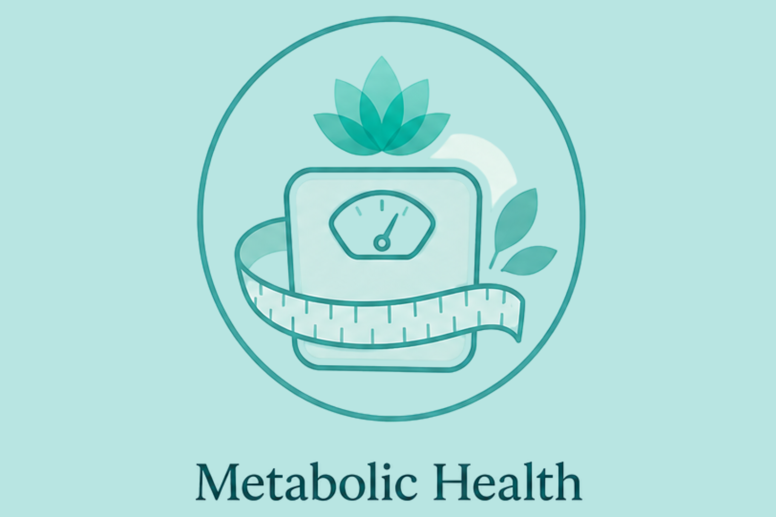 An illustration of a weighing scale with a clock face, surrounded by a measuring tape, green leaves, and a flower, representing metabolic health.