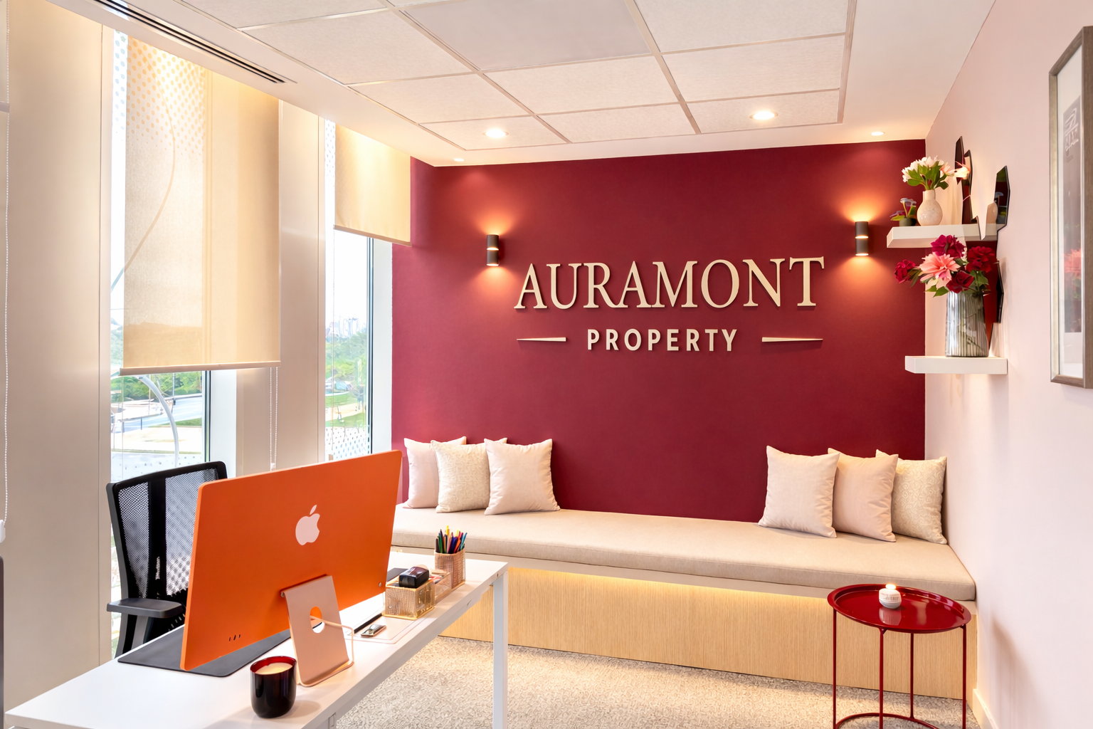 Intérieur d'un bureau avec un mur violet portant le texte 'AURAMONT PROPERTY'. Un coin salon avec coussins et étagères avec des vases à fleurs. Un bureau avec un ordinateur Apple et divers accessoires, près d'une grande fenêtre.