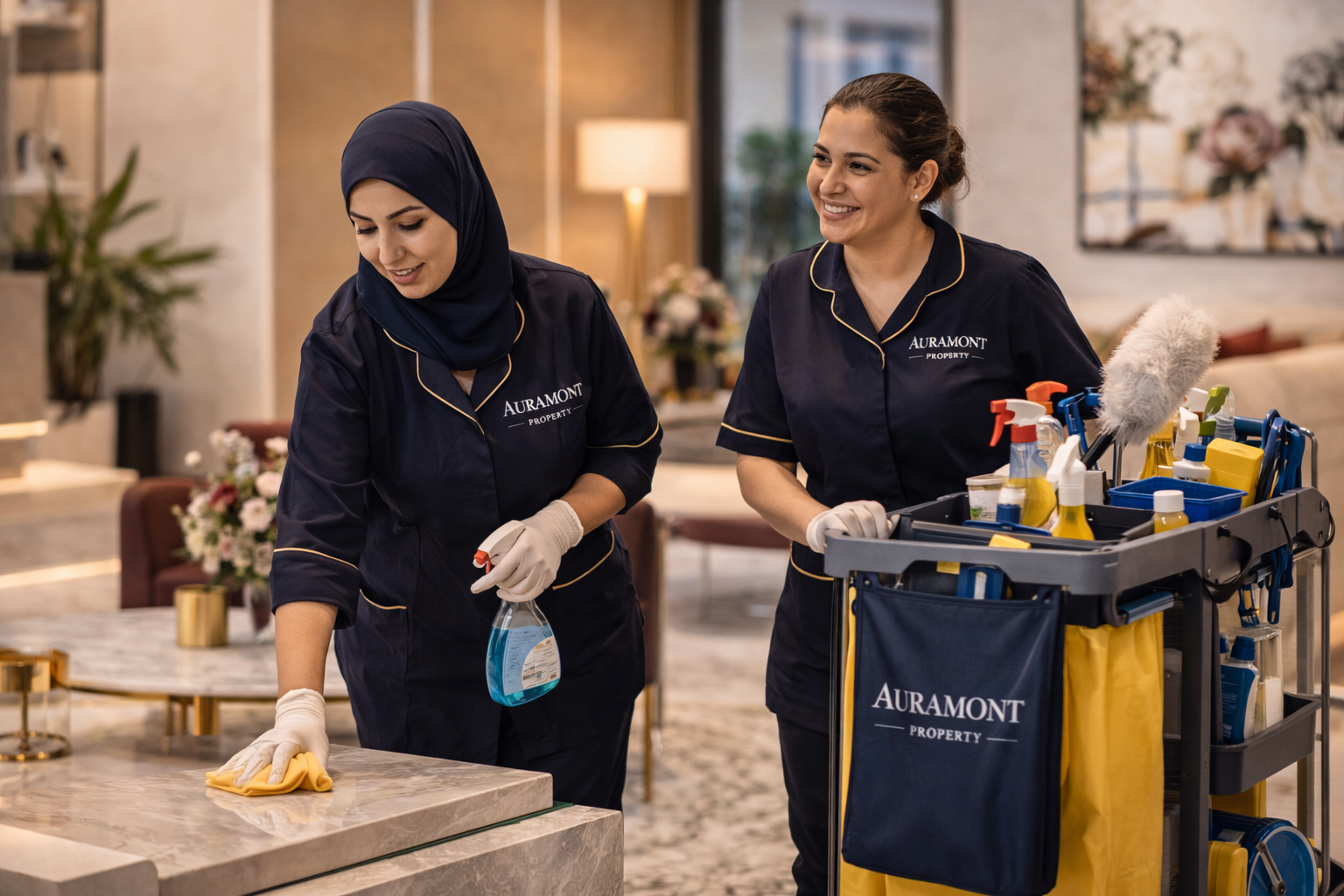 Deux femmes en uniformes de nettoyage avec le logo Auramont Property, une nettoie une surface avec un chiffon, l'autre sourit près d'un chariot de nettoyage dans un intérieur élégamment décoré.