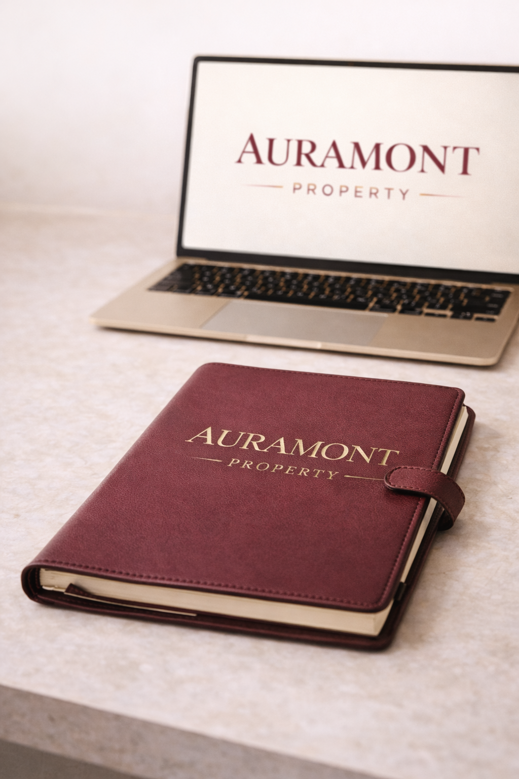 Un ordinateur portable et un carnet de rendez-vous en cuir marron avec l'inscription 'AURAMONT PROPERTY'.