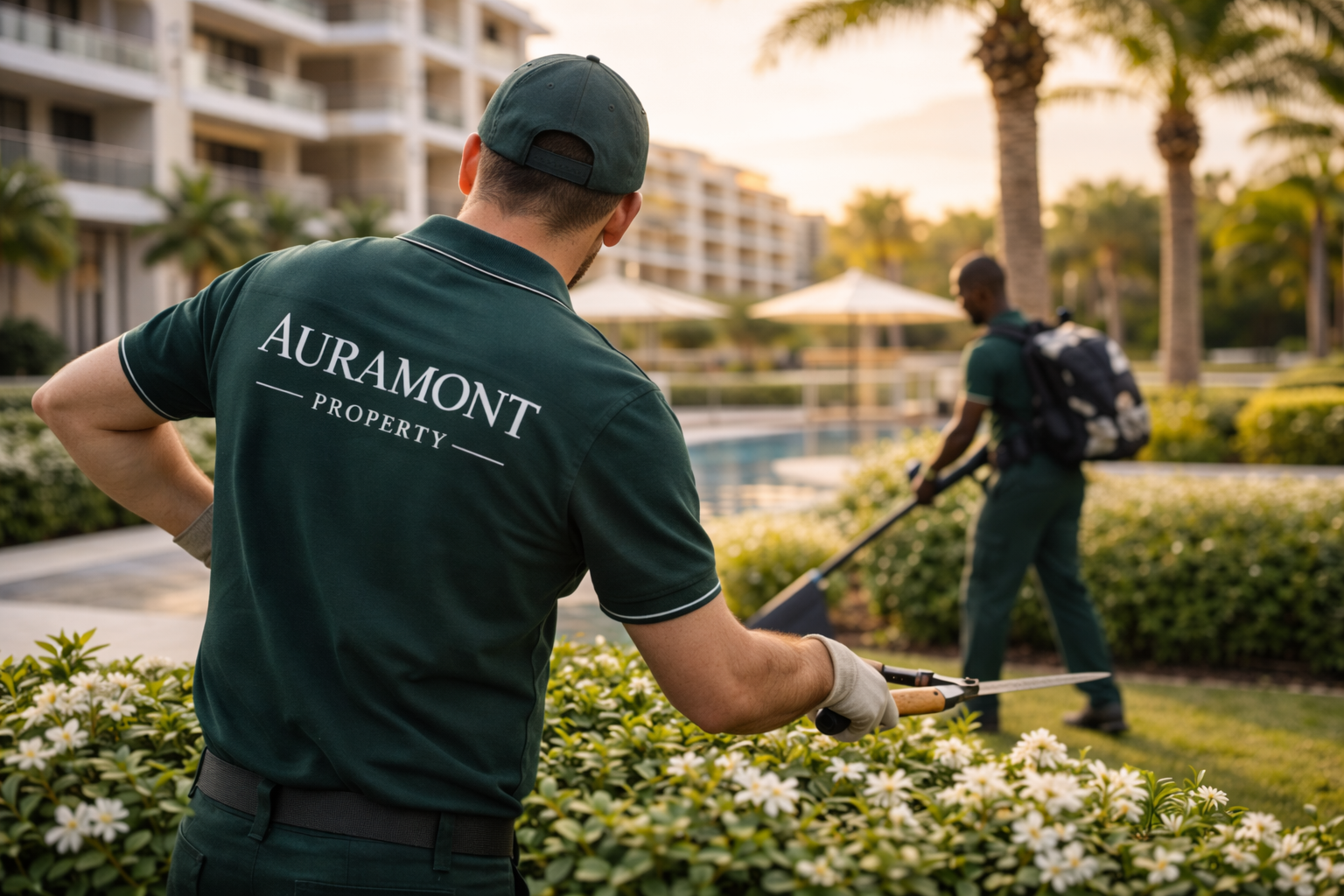 Deux employés d'Auramont Property entretenant le jardin dans une résidence avec piscine à proximité, pendant un coucher de soleil.
