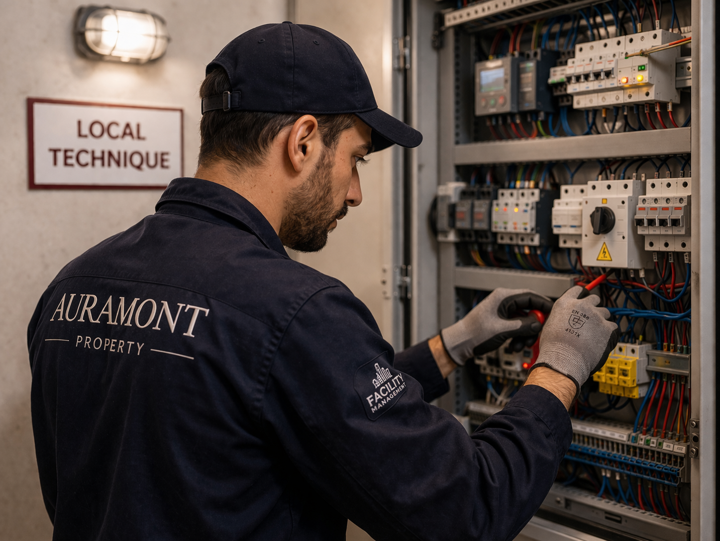 Un technicien vérifiant un panneau électrique avec des câbles et des composants électriques. Il porte un uniforme avec les logos 'AURAMONT PROPERTY' et 'FACILITY MANAGEMENT'.