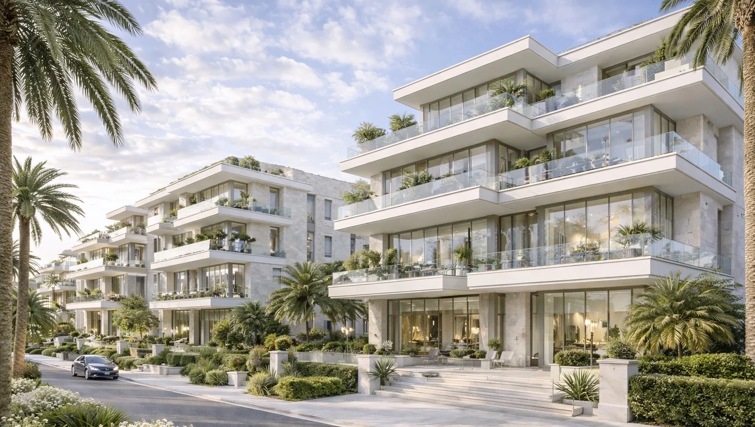 Immeubles modernes avec balcons en verre entourés de palmier, sous un ciel partiellement nuageux.