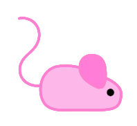 Pink cartoon mouse with large round ears, a long curvy tail, and a small black eye.