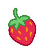 A cartoon strawberry with green leaves, red with yellow seeds.