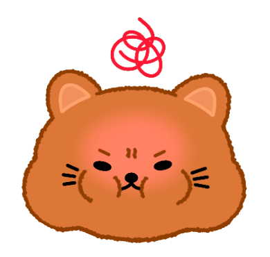 Cute cartoon cat with a grumpy expression and a red fish above its head.
