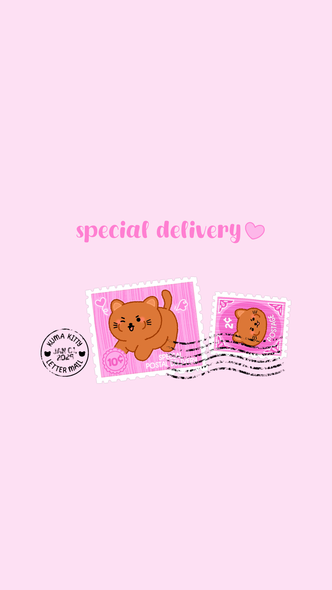 Pink background with the phrase 'special delivery' and two cute cartoon stamps featuring a brown kitten, one showing the kitten with a happy expression and the other with a surprised face, along with a postal cancellation mark