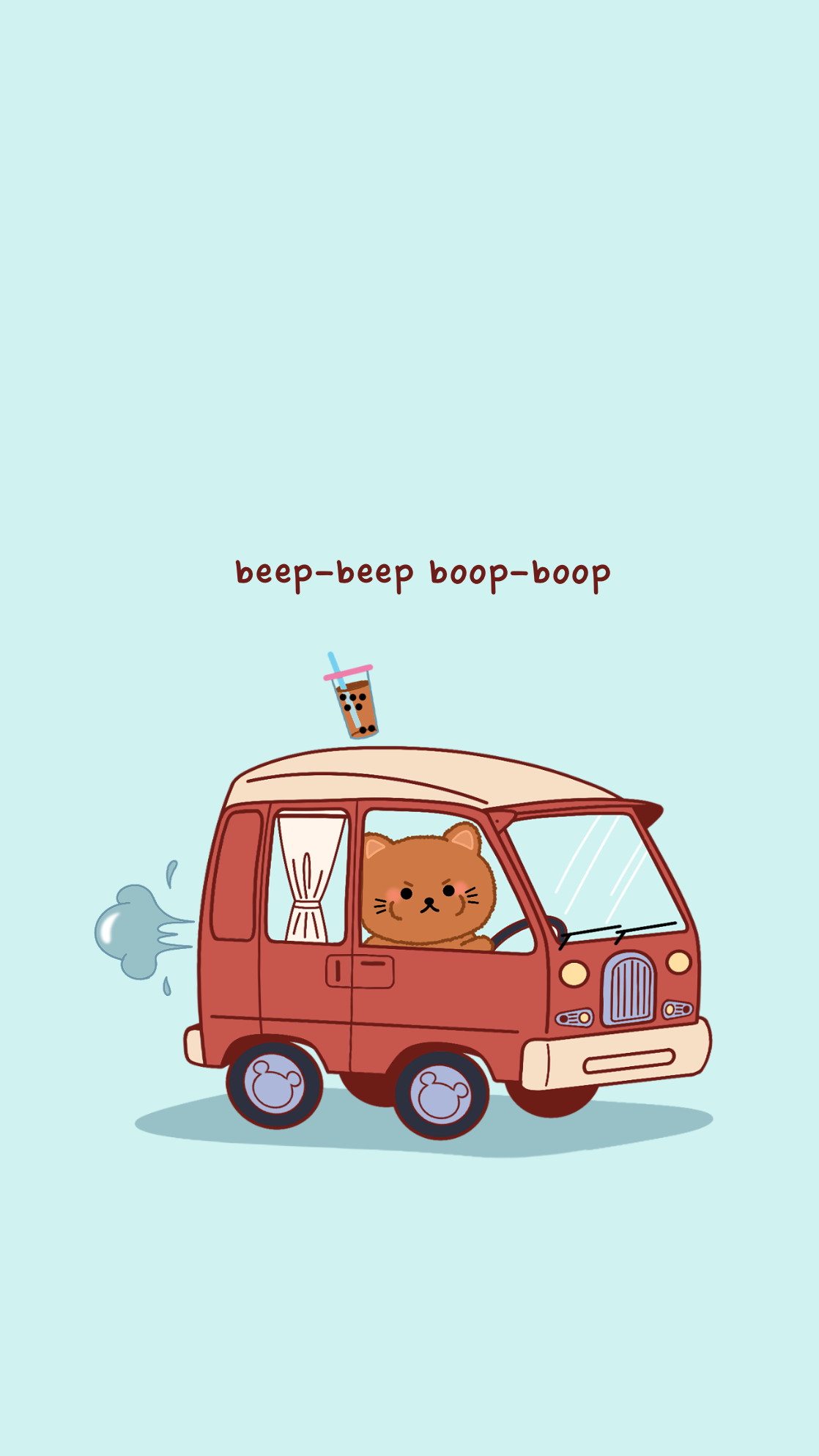 Cute illustration of a bear driving a red toy car with a bubble tea on the roof and the text 'beep-beep boop-boop' above.