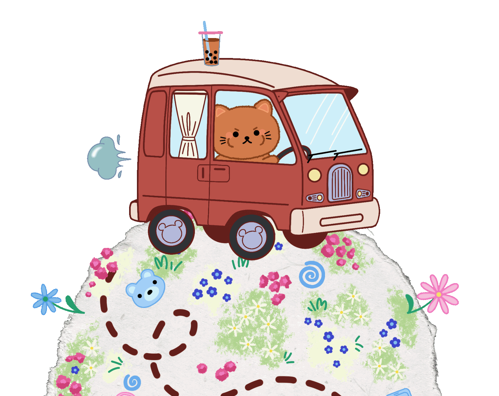Cartoon of a brown bear driving a small red van on top of a round white island decorated with colorful flowers and small kitty's faces, with a yellow background.