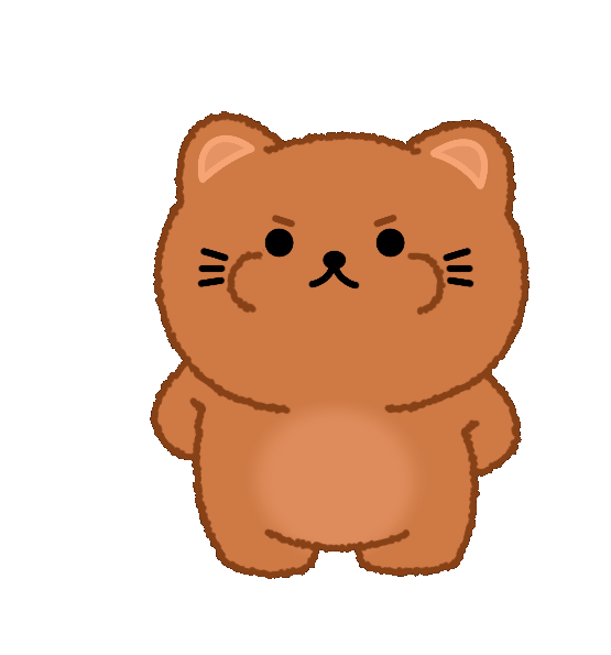 Cute cartoon brown cat standing upright with a neutral expression, large round eyes, and a plain background.