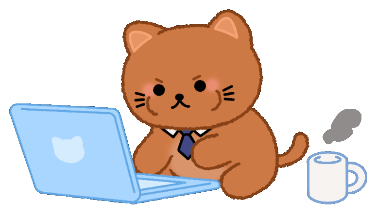 Cute cartoon kitty or teddy bear wearing a tie working on a laptop with a steaming coffee mug nearby.
