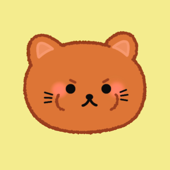 A cute, cartoon-style bear face with a slightly angry expression, pink cheeks, and whiskers on a yellow background.