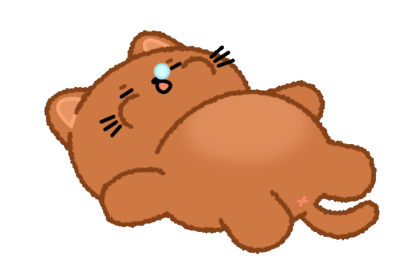 Cartoon brown cat lying on its back with a blue eye, closed eyes, and a pink tongue showing, on a black background.