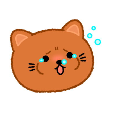 Cartoon illustration of a smiling brown cat with tears and bubbles on its face.