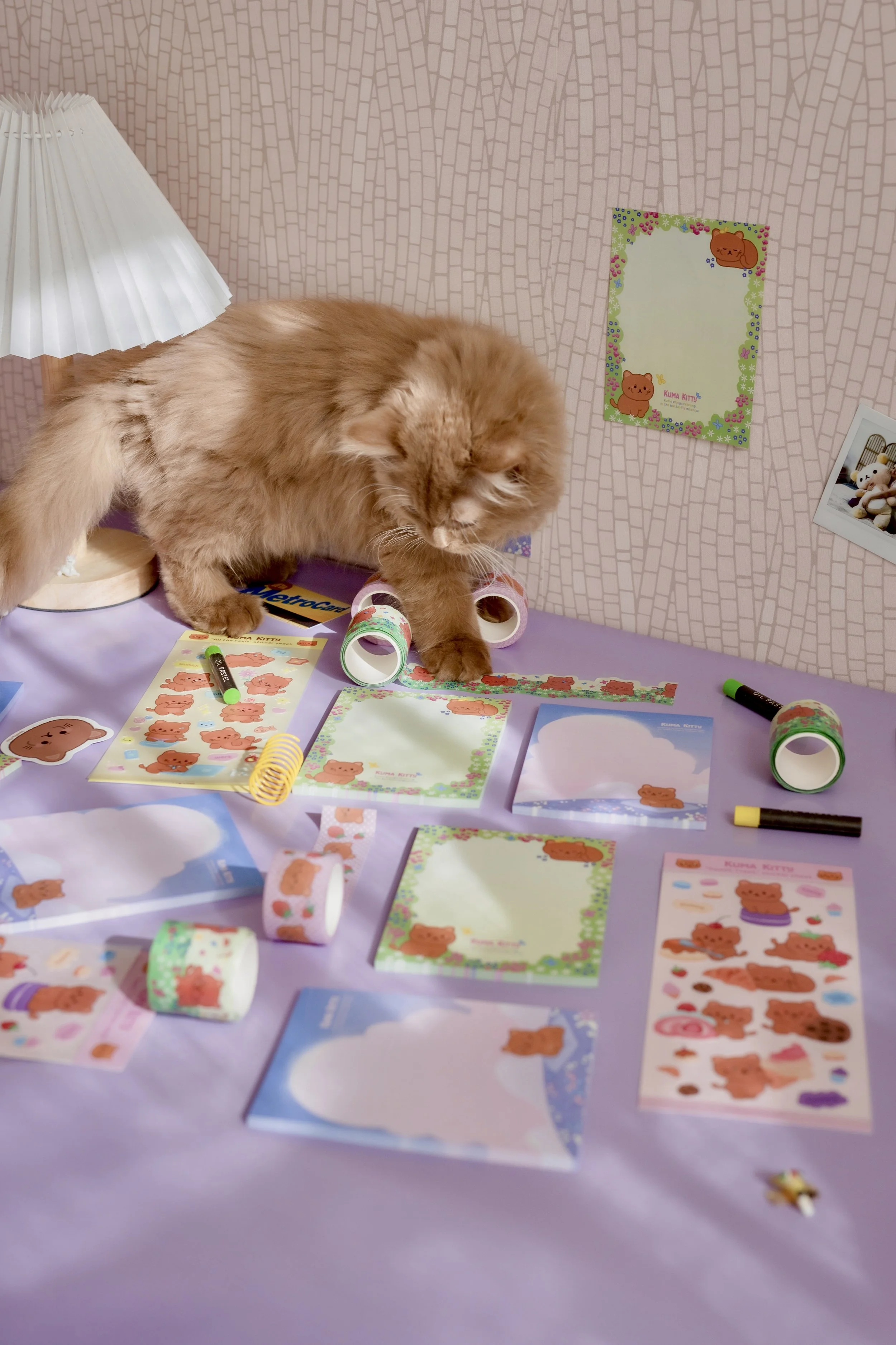 A cute, fluffy brown cat playing with decorative washi tape and stationery featuring a bear character on a pastel-colored table.