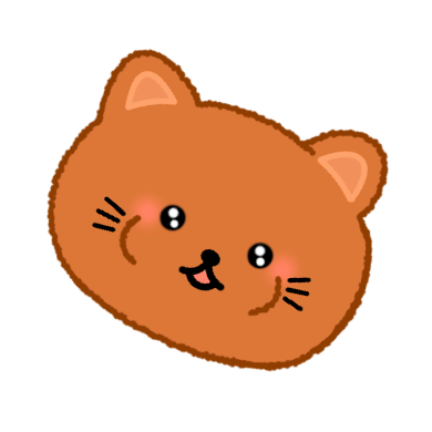 Cute cartoon brown cat head with big eyes, small nose, and smiling mouth, on a black background.