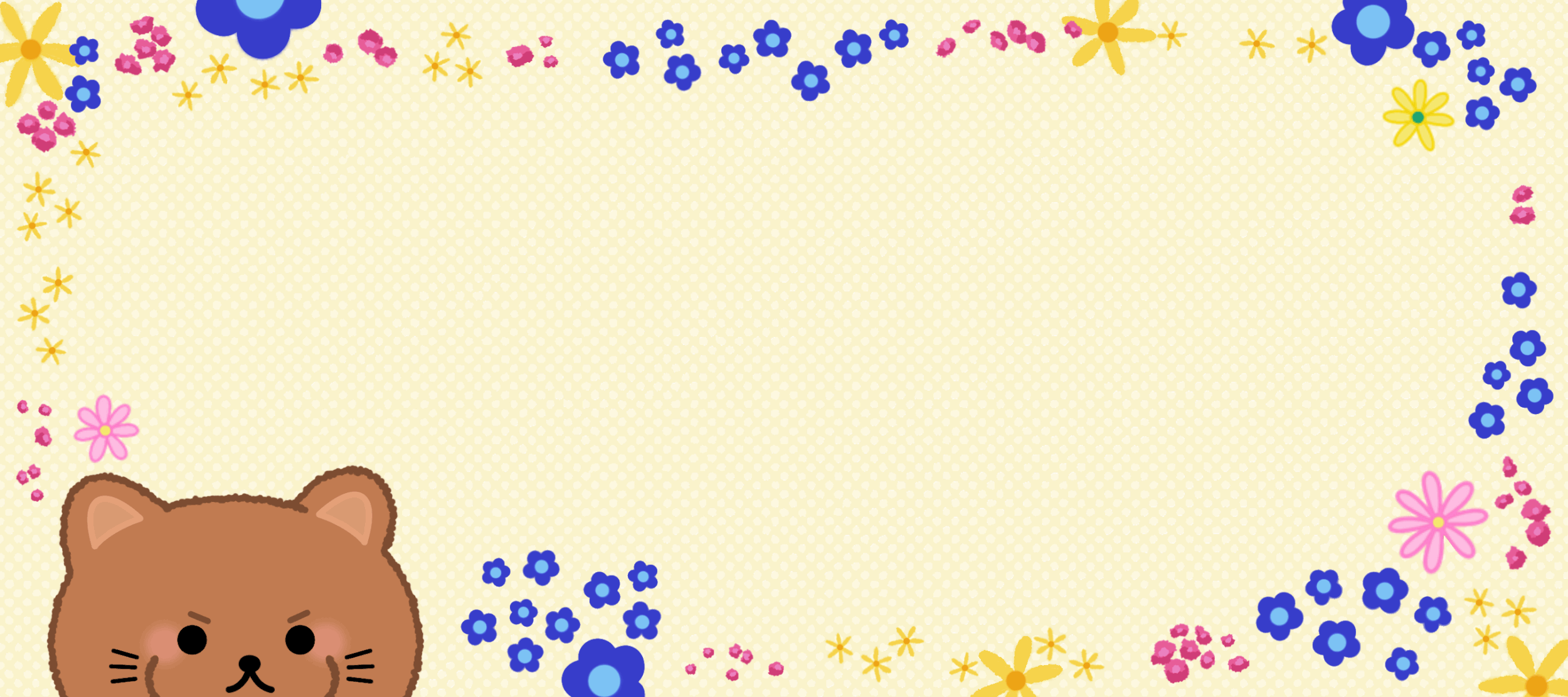 Cute cartoon kitty with blush, surrounded by colorful flowers and a patterned yellow background.