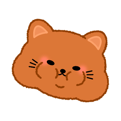 A cute cartoon drawing of a brown cat's face with closed eyes, pink blush on cheeks, and whiskers.