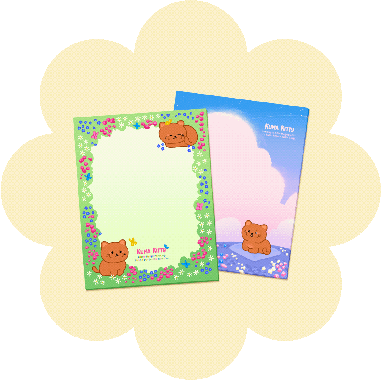 Two colorful stationery or notepads featuring a cute brown kitten with a pink bow, surrounded by floral and sky-themed backgrounds. One has a green border with flowers, and the other depicts a kitten on an ocean scene with a pink and blue sky. Both have the text 'KUMA KITTY'.
