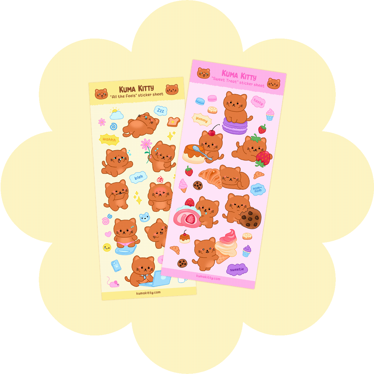 Two sheets of cute, cartoon-style stickers featuring a brown kitten character named Kuma Kitty engaged in various activities related to feelings and sweets. The left sheet focuses on feelings with phrases like 'wawhh,' 'bleh,' and shows the kitten in relaxed, crying, and happy poses. The right sheet displays the kitten enjoying sweets like cupcakes, cookies, and ice cream, with words like 'tasty' and 'sweetie.' Both sheets have colorful, playful designs.