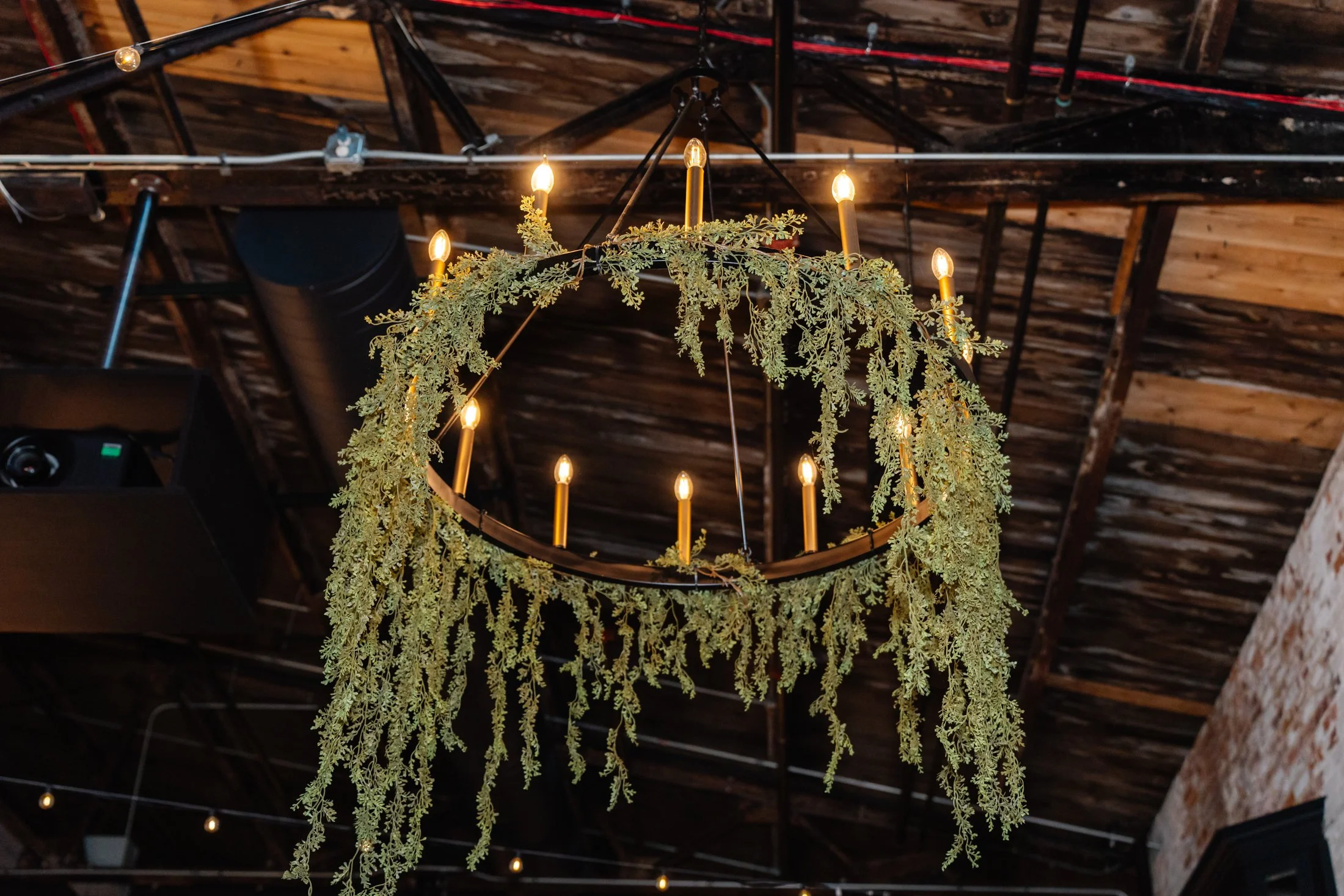 A chandelier decorated with green foliage hanging from a dark wooden ceiling.