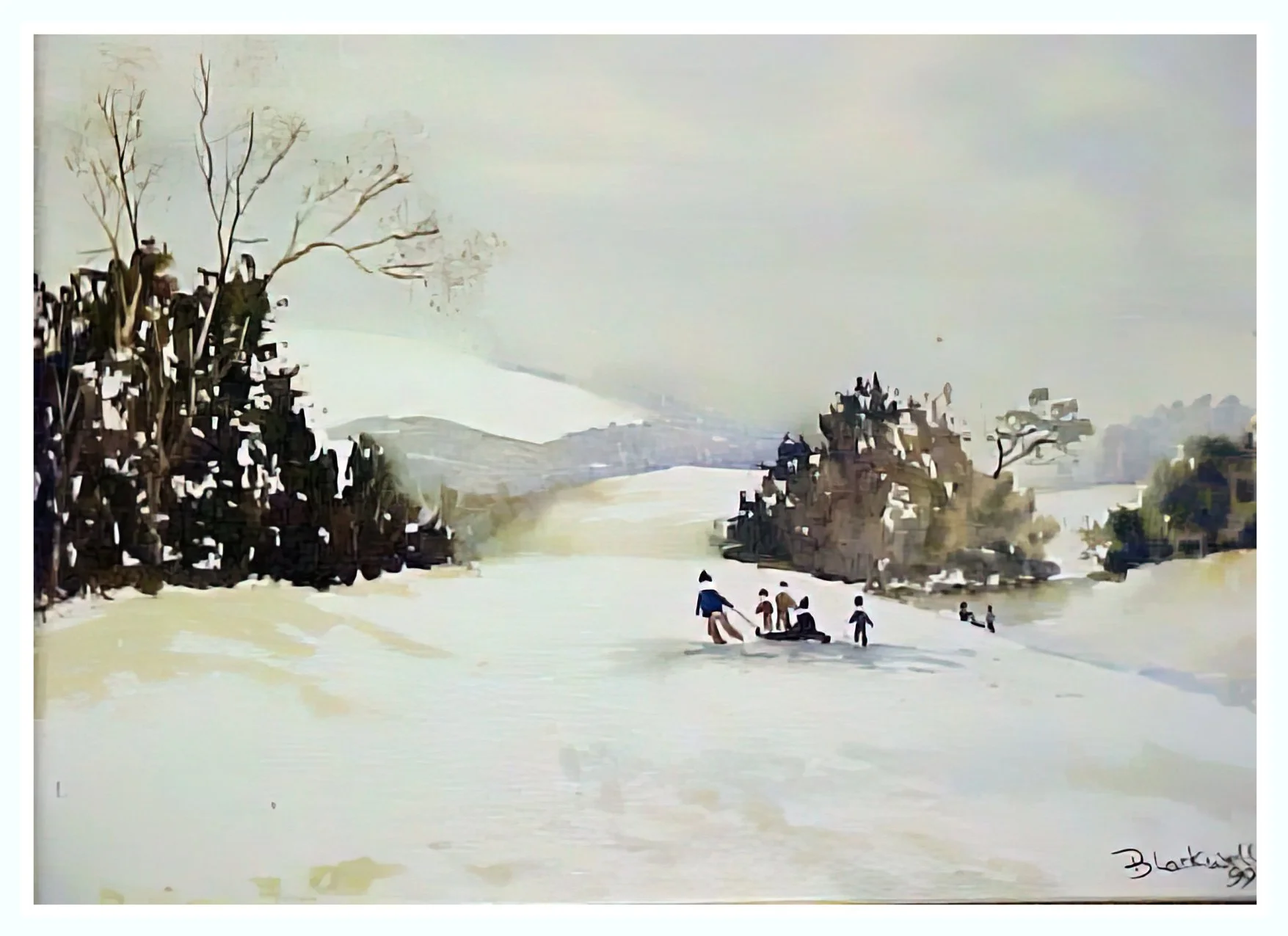 Sledging in the snow: waterclour