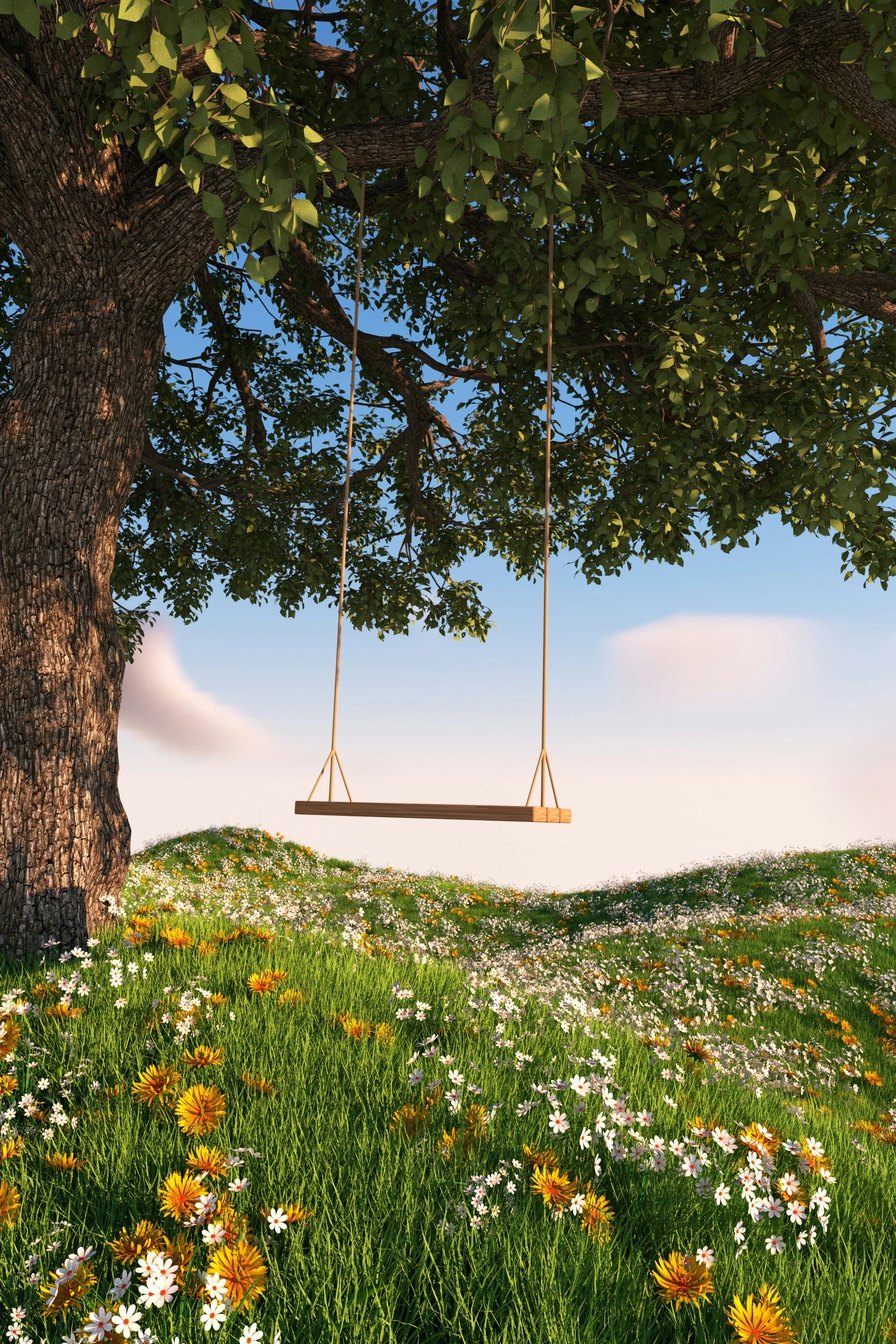 Swing hanging from a tree in a grassy field full of wildflowers with a blue sky in the background.