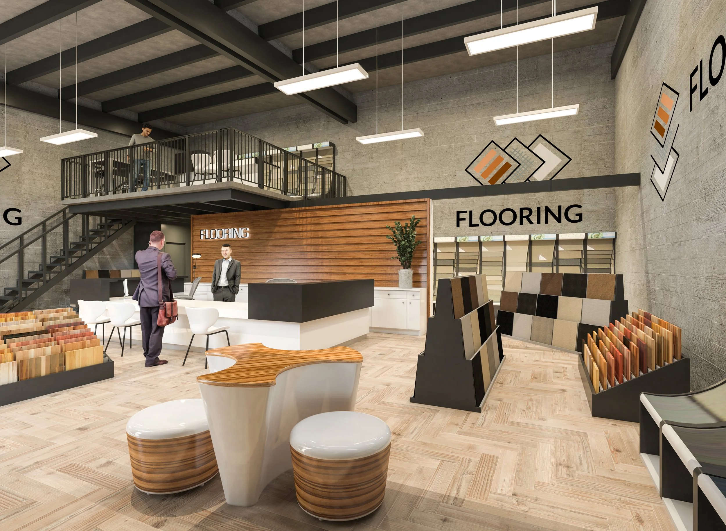 Interior view of a flooring showroom with display racks of various wood and tile flooring samples, a reception desk, and seating area. A customer in a suit is speaking with a staff member behind the desk, with another person on the upper mezzanine le