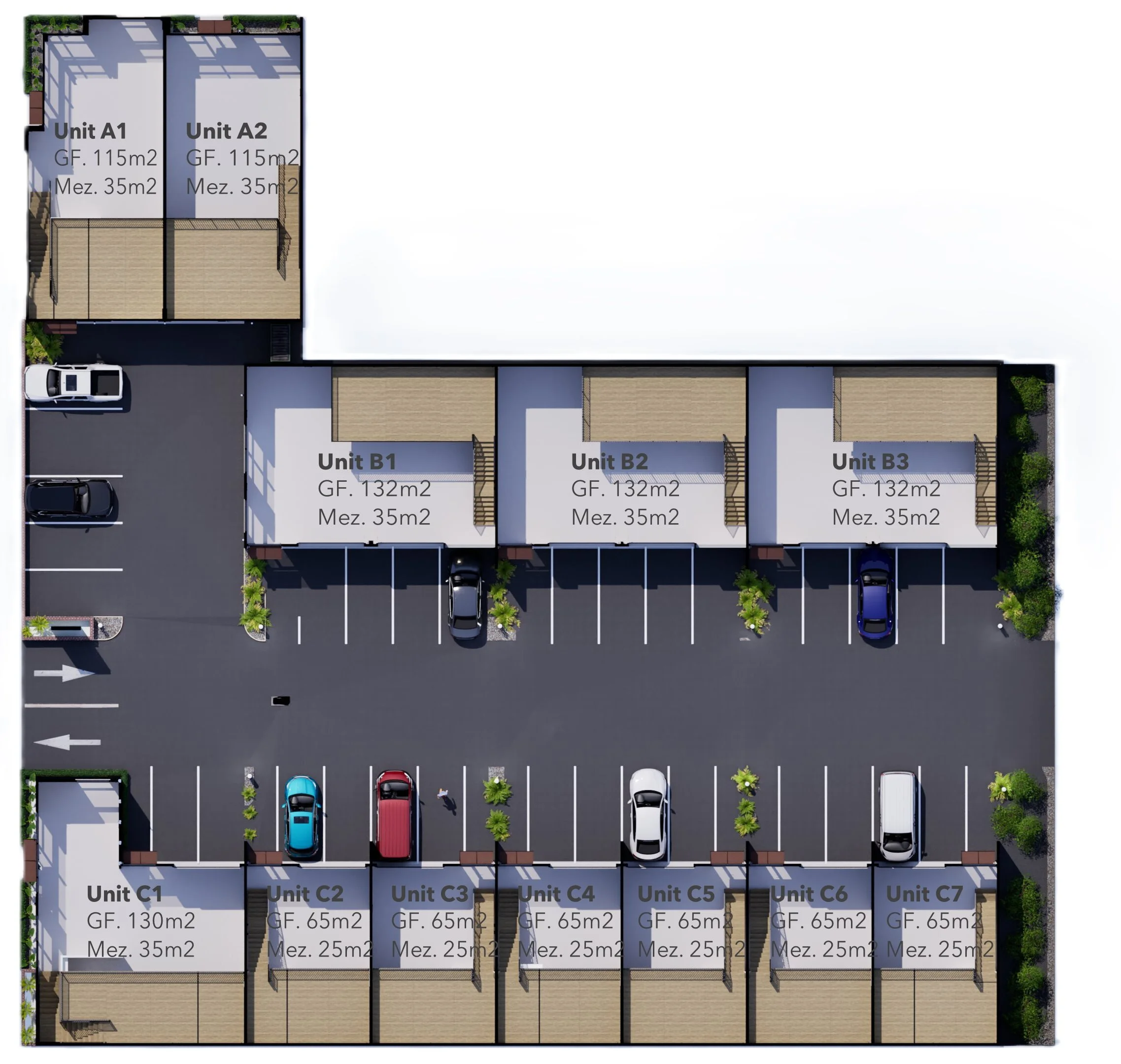 Top-down view of a residential building complex with parking spaces. There are seven labeled units, A1 and A2 in the upper left corner, B1, B2, B3 in the central area, and C1 through C7 along the bottom. Each unit has specified floor area and mezzani