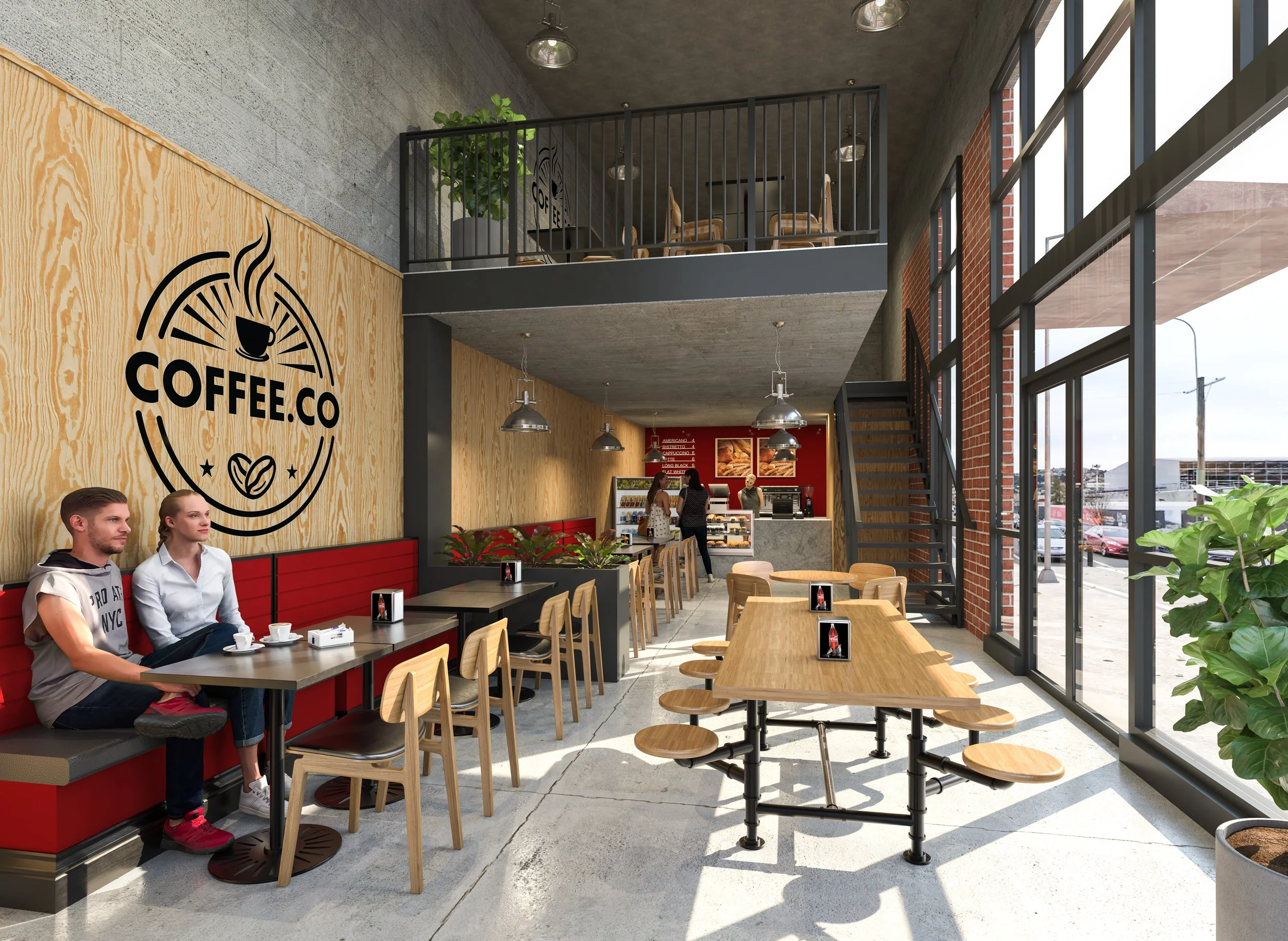 Interior of a modern coffee shop with large windows, wooden and concrete decor, seating area with tables and chairs, a couple sitting and talking, and a counter with staff behind it.
