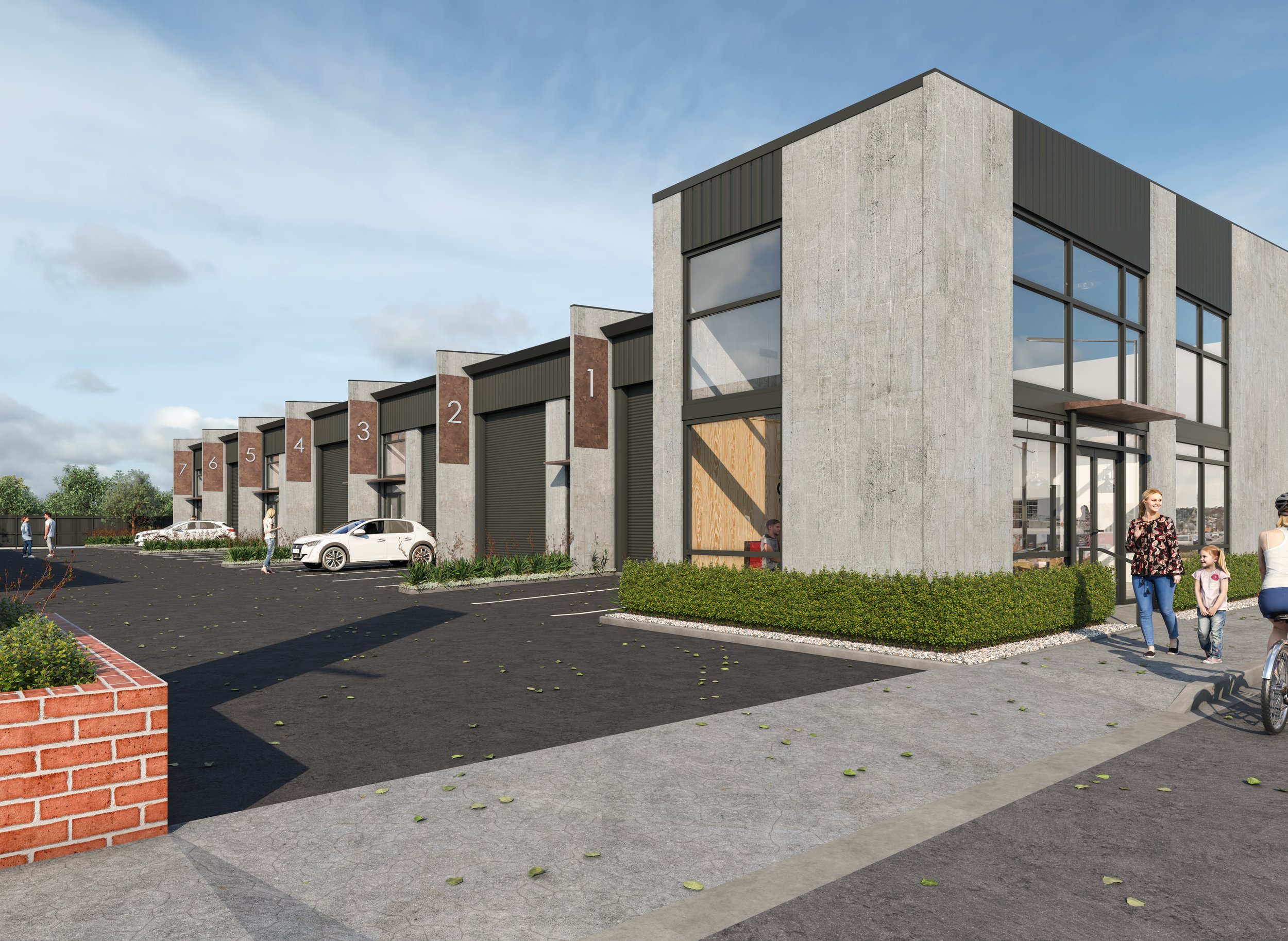 Render of a modern commercial or industrial building with numbered garage doors, parking spaces, and a group of people walking outside.