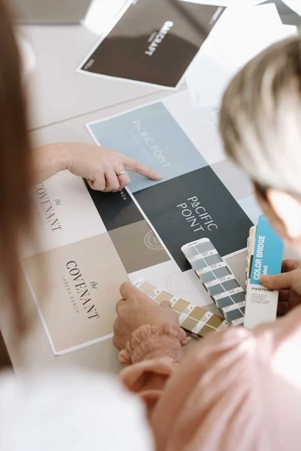 People discussing color palettes and design posters with labels like 'Pacific Point' and 'Mute Point' on a table.
