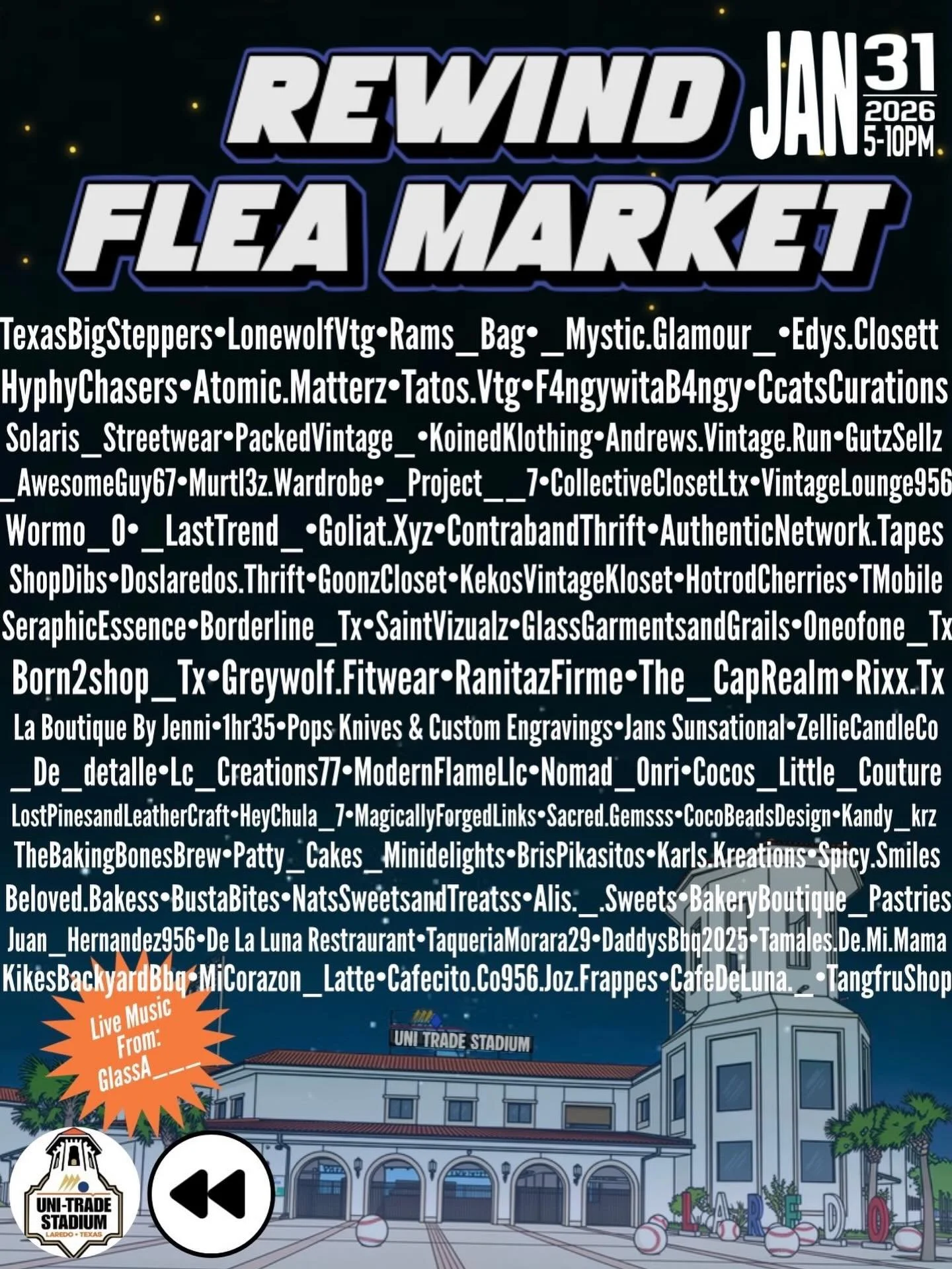 Laredo! Meet our vendors!💥

Stop by this Saturday January 31st from 5-10 PM at Uni Trade Stadium! 

Our vendors are bringing the best in town! From food,collectibles, sweets &amp; treats, drinks, accessories, jewelry,vintage/y2k &amp; more!!💎👕🌮🍔