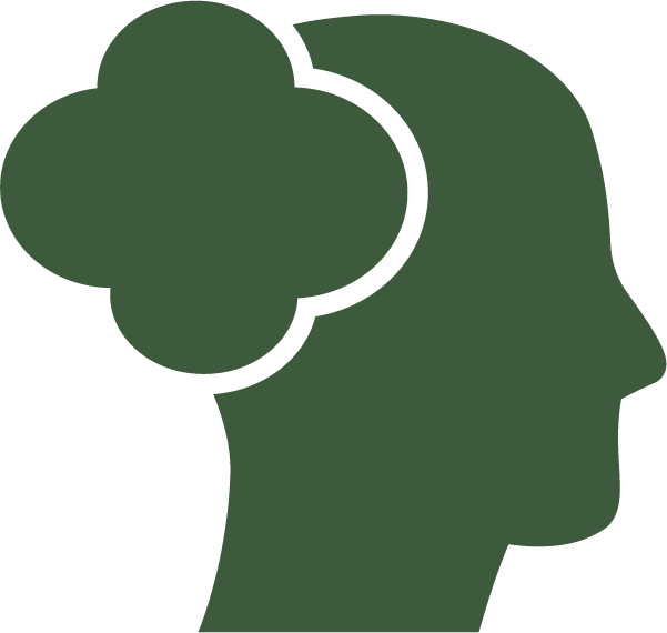 Green silhouette of a human head with a cloud-shaped thought bubble
