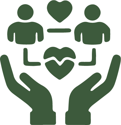 Illustration of two hands holding several hearts and people symbols, representing care and support.