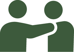 Two simplified green human figures, one extending an arm toward the other, as in a greeting or handshake.